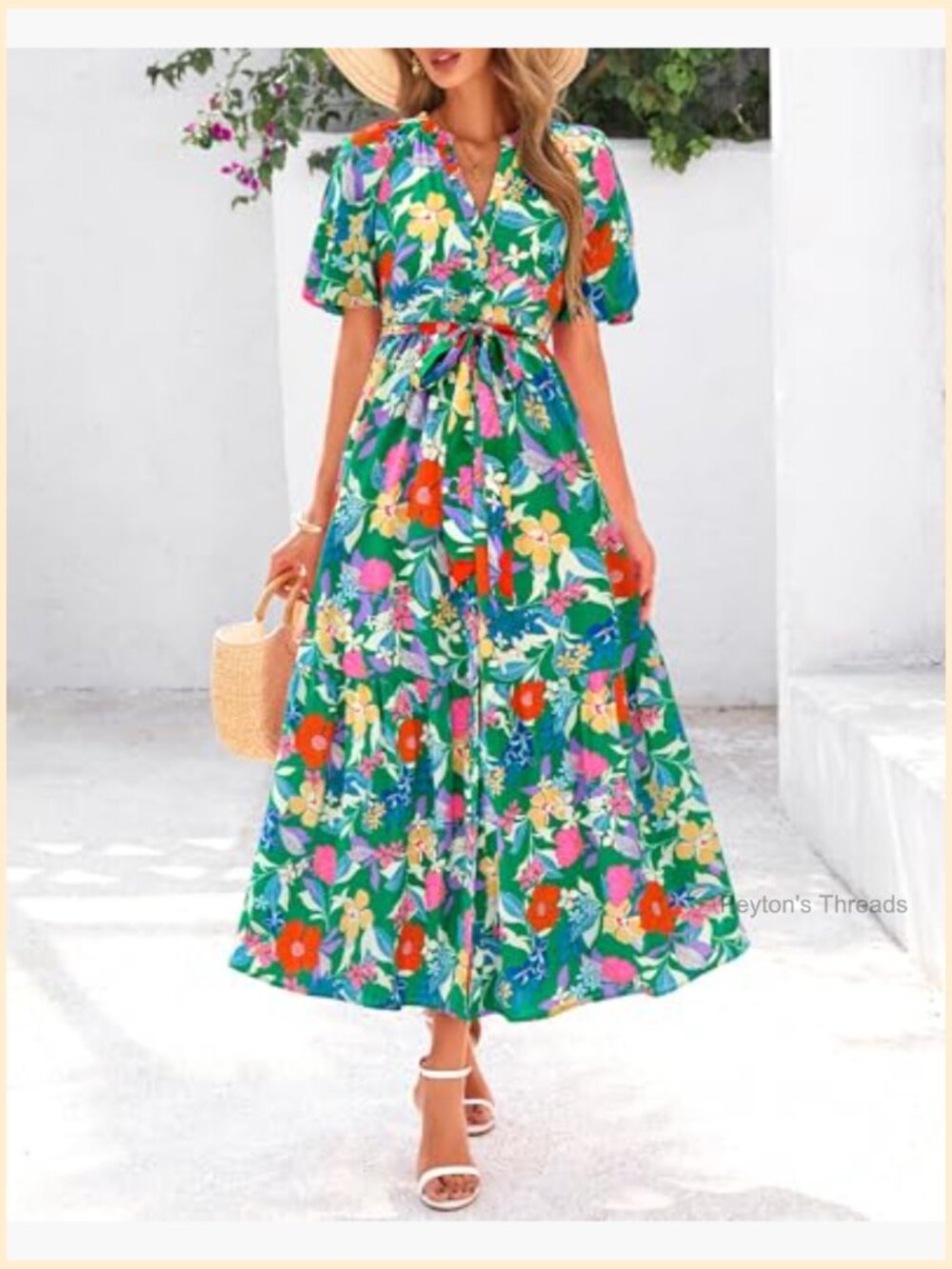 Boho Short Sleeve V Neck Button Belt Flowy Maxi Dress with Pockets - Picture 4 of 7